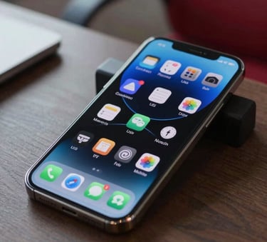 A close-up photograph of a sleek, high-end smartphone in a North American / US office setting. The screen glows with a modern, dynamic interface, while the background shows a hint of a Crimson Red office chair and professional stationery. Soft natural lighting creates a professional and innovative atmosphere.
