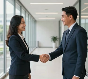 A medium shot of two professional Southeast Asian / Indonesian business partners shaking hands in a bright, modern corporate hallway with glass walls and minimalist architectural lines, clean natural light.