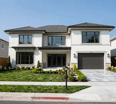 A crisp, high-resolution exterior photo of a modern luxury estate in North America. Manicured landscaping, clean architectural lines, and blue sky.