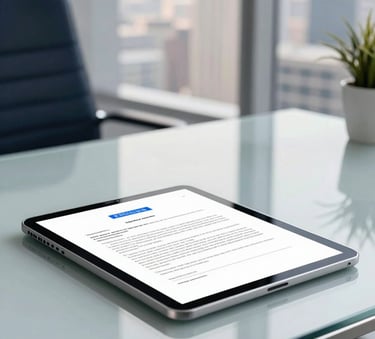 A high-end modern office in a North American / US city, showing a sleek glass table where a tablet displays a digital agreement with blue accents. Soft morning light, professional atmosphere, clean white and deep navy tones.