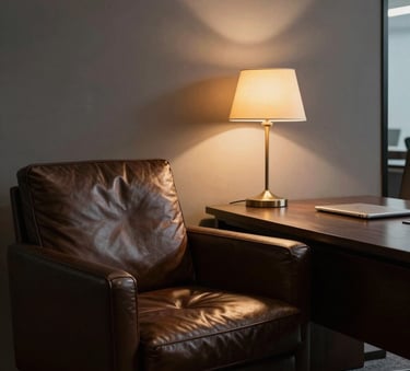 A modern, dark-toned North American office with leather furniture and a soft golden glow from a desk lamp, emphasizing comfort and sophistication.