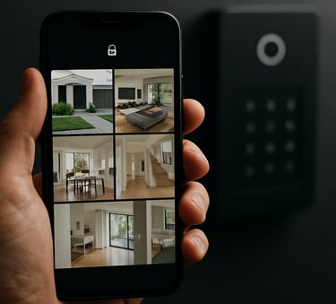 A close-up of a high-end smartphone screen displaying a security app with live camera feeds from a modern house, held by a hand in front of a slightly blurred charcoal colored security hub.