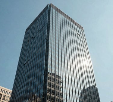 A professional photography of a modern glass skyscraper in a North American business district during a bright, clear day, symbolizing growth and security.