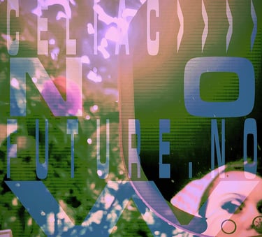 A collage of green, black and pink colours, an obscured image of a woman's face in the bottom right