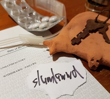 slumlawwd written on scrap paper on a desk, next to keys, a failed exam report and medication