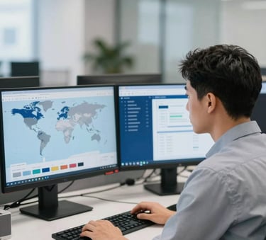 A professional logistics broker in a modern, clean office setting, looking at multiple monitors displaying world maps and cargo tracking data. The lighting is bright and professional, incorporating brand colors #2E475B and #E0E5E8 in the interior design.