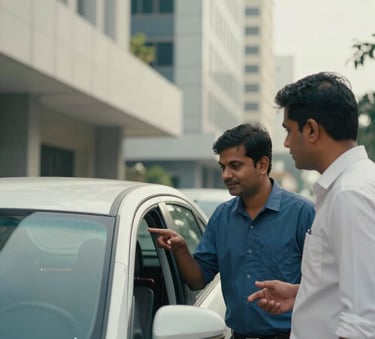 Commuters interacting politely outside a car in a modern South Asian / Indian business district, background of contemporary architecture, soft off-white and dark blue tones.