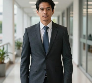 A professional in formal business clothing standing in a bright, modern corridor of a corporate building in Imperatriz, Brazil. The composition is clean and focused, projecting credibility and executive leadership.