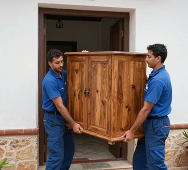 Photography of two professional workers in steel blue uniforms carrying a large wooden cabinet carefully through a doorway in a Spanish house. Natural light, professional atmosphere, European / Spanish setting.