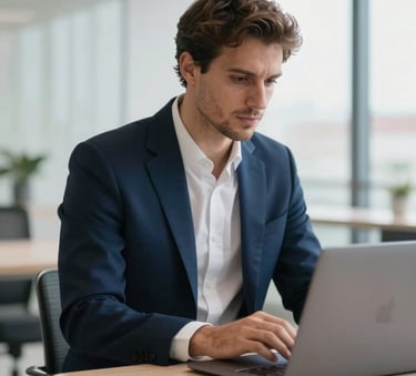 A focused professional financial consultant in a tailored midnight blue suit working on a sleek laptop in a bright, modern office in Lisbon, European Portuguese setting, soft natural lighting, sophisticated elegance.