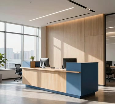 A sleek, professional North American office reception area with high ceilings, minimalist furniture in light wood and steel blue, and soft morning sunlight coming through large windows.