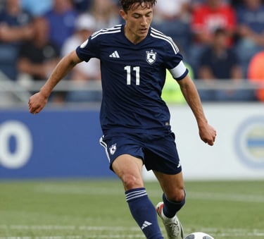 A focused Quebec youth soccer player in a navy blue jersey (#1A2B3C) during a competitive match, sharp action shot, professional stadium lighting, community spirit.