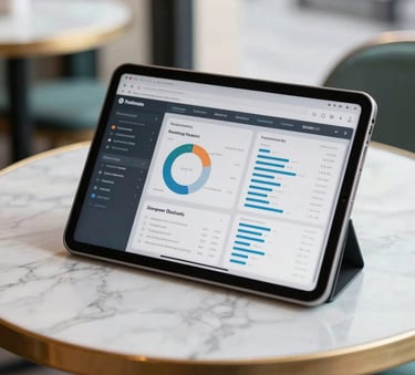 A close-up of a high-end tablet on a marble table in a bright Parisian cafe, showing a professional business dashboard, soft morning light, with a hint of dark slate and light teal tones in the environment.
