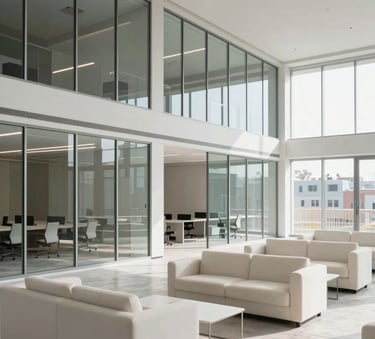 An expansive view of a commercial office suite after a post-construction clean, showing dust-free glass partitions and soft off-white furniture in a modern open-plan layout.