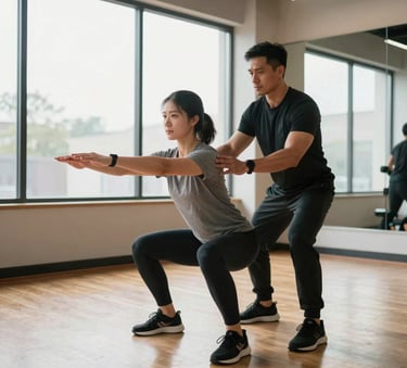 A bright, clean North American fitness studio with a wooden floor and large windows. In the center, a professional coach is guiding a client through a controlled squat movement, demonstrating expert form. The lighting is soft and natural, emphasizing a supportive and empowering atmosphere.