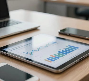 Detailed close-up of a professional desk in a South American Brazilian office setting, showing a digital tablet with financial graphs and a smartphone, soft focus on a background office scene, bright and airy lighting.
