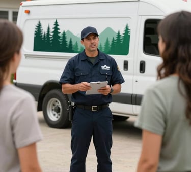 A professional pest control technician in uniform speaking with a homeowner in a North American / US residential driveway. In the background, a clean white service vehicle features a dark forest green brand logo. The lighting is clear and professional.