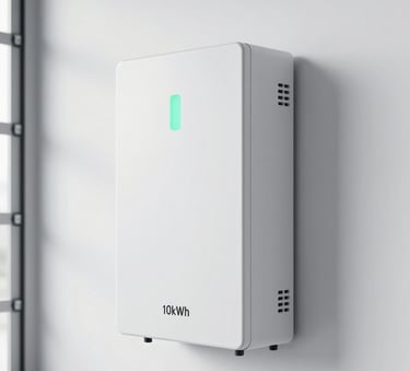 A high-end 10kWh lithium battery storage system mounted on a clean white wall in a modern German garage, minimalist design with a glowing mint green status light, professional architectural lighting.