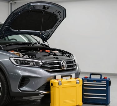 A modern car with its hood open in a clean garage setting, a bright yellow tool case and deep blue diagnostic equipment nearby, South Asian / Indian context.