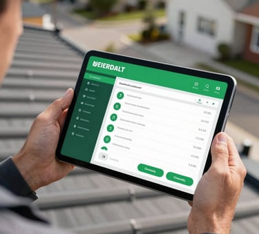 A close-up of a professional roofing contractor's hands holding a modern tablet showing a lead dashboard with Emerald Green accents, set against a blurred background of a residential street with clean rooflines.