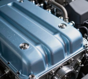 Close-up macro photography of a clean, modern car engine and mechanical components. Technical and precise lighting highlighting the reliability, featuring metallic Soft Sky Blue and Dark Midnight Blue reflections.