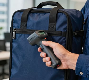 A close-up photograph of a professional courier hand holding a digital scanner to a secure, locked logistics pouch. The lighting is bright and modern, set in a South American business district office. The pouch is a professional dark blue.