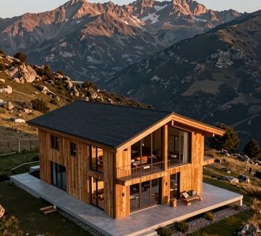 A high-end mountain cabin in a Spanish landscape, captured from an aerial perspective by a professional drone. The lighting is golden and warm, highlighting the modern wood and glass architecture against a clean mountain backdrop.