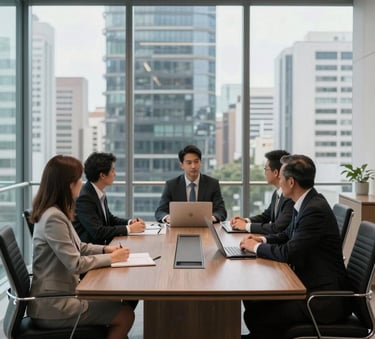 A professional business meeting in a sleek, glass-walled boardroom in a South American city, featuring high-end office furniture and a clean, modern aesthetic.