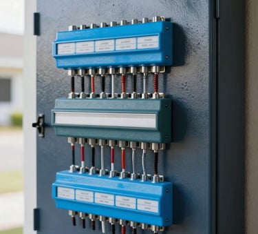 A close-up of a neatly organized modern electrical panel with clear labeling, bright and sharp focus, conveying efficiency and reliability, featuring dark slate navy and sky blue components, in a North American / US residential garage setting.