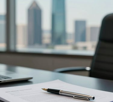 A high-end executive desk with professional legal documents, a silver fountain pen, and a subtle view of Riyadh's skyline in the background, daytime, focused and professional, incorporating #336B87 tones.