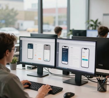 A bright, modern North American design studio with large windows. Professionals are working at sleek desks with large dual monitors displaying mobile app wireframes and user interface designs.