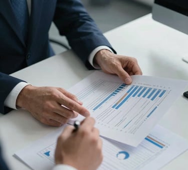 A Global / Corporate professional analyzing financial and compliance documents on a modern desk. Medium blue accents in the office environment, conveying trust, accuracy, and regulatory expertise.