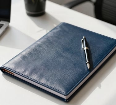 A close-up of a professional desk with a leather-bound folder and a high-end fountain pen, soft morning light in a bright Southern European office, colors of deep navy and white.