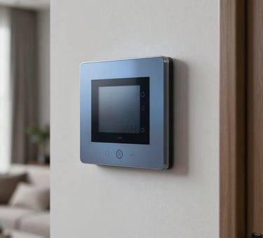 Close-up of a modern smart home wall-mounted control panel in a North American / US living room. The interior design is sophisticated with pale mist walls and muted steel blue accents, reflecting technical expertise.
