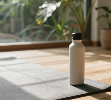 A bright and airy South American sunroom featuring a yoga mat and a ceramic water bottle on a light wood floor, with tropical green plants visible in the background, captured in soft natural morning light.