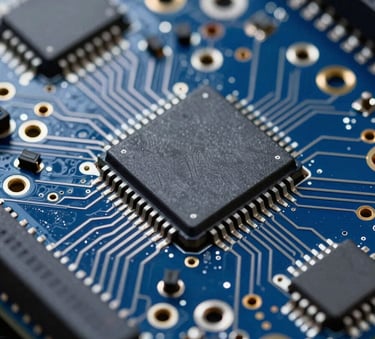 A close-up, high-detail shot of a custom-designed electronic circuit board with clean soldering, incorporating a palette of deep blues (#0D1B2A) and silver highlights (#E0E1DD), reflecting cutting-edge innovation.