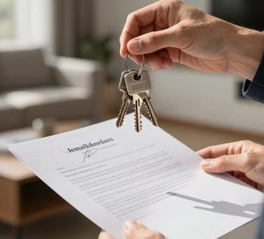 A close-up photograph of a person's hands holding a set of house keys and a signed document in a sunlit, modern North American residential setting, symbolizing financial achievement.