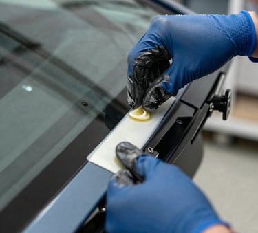A close-up photograph of a professional technician's gloved hands precisely applying high-grade adhesive to the edge of a new windshield. The lighting is crisp and natural, set in a professional North American workshop environment, highlighting the precision and cleanliness of the work. The color palette features slate blue and steel blue tones.