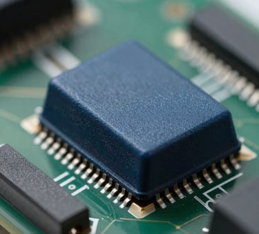 Close-up of a high-power electronic module with precision-applied thermal interface material. Technical lighting highlighting the texture of the compound. Color palette includes #0F1C2E and #6A8CA9. Professional macro photography.