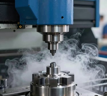 A high-speed CNC metalworking machine in a South Asian / Indian facility using cutting oil to produce precision components. Cloud white mist and steel blue metallic surfaces dominate the frame.