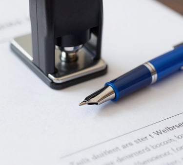 A close-up shot of a professional notary embosser and a blue ink pen sitting on a clean, white legal document. The lighting is bright and modern, with soft shadows and hints of #1E3A8A in the pen casing.