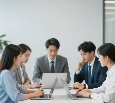 A modern, well-lit corporate office environment with a professional team collaborating at a clean white table, featuring soft blue #6C9DD1 accents in the decor, minimalist style.