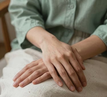 A close-up photograph of a person's hands resting peacefully on a linen fabric in a North American home. The lighting is soft and warm, highlighting the texture of the sage green and off-white clothing. The composition is grounded and serene.