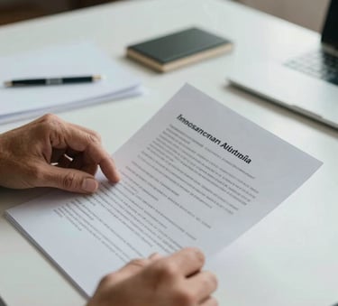 A close-up of a person's hands organizing financial documents on a clean desk in a South American / Brazilian home office. Warm natural light, professional and calm mood, featuring a palette of soft light blue.