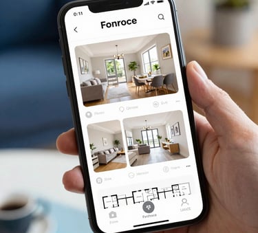 A close-up of a high-end smartphone screen displaying a detailed property listing with bright interior photos and floorplans. The phone is held by a hand in a modern British home environment. Lighting is clean and professional, with accents of medium blue and light blue from the palette.