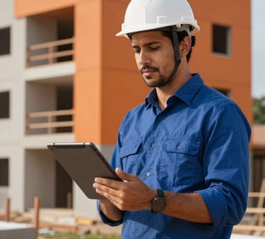 A South American Brazilian architect in a white hard hat and professional attire standing in front of a modern residential construction site, holding a digital tablet, soft daylight, vibrant orange and deep blue tones in the background.
