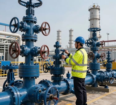 A professional wide shot of a technician in high-visibility safety gear inspecting complex industrial valves at a global energy plant, steel blue and deep navy tones, International / Global.