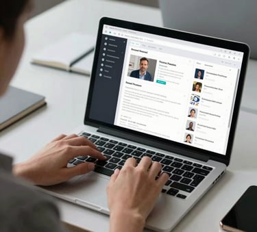 Over-the-shoulder shot of a digital marketer in a North American / US agency setting, typing on a laptop with a social media dashboard visible. Sophisticated desk setup with light grey and charcoal elements.