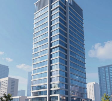 A vibrant 3D rendering of a large-scale commercial building showing structural, MEP, and architectural layers combined. The image uses a palette of #7ABDCF blues to showcase precision and detail.