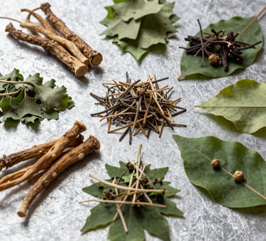 A collection of organic Ayurvedic herbs, dried roots, and vibrant green leaves arranged on a textured soft moss silver surface, captured in soft, high-key natural lighting.